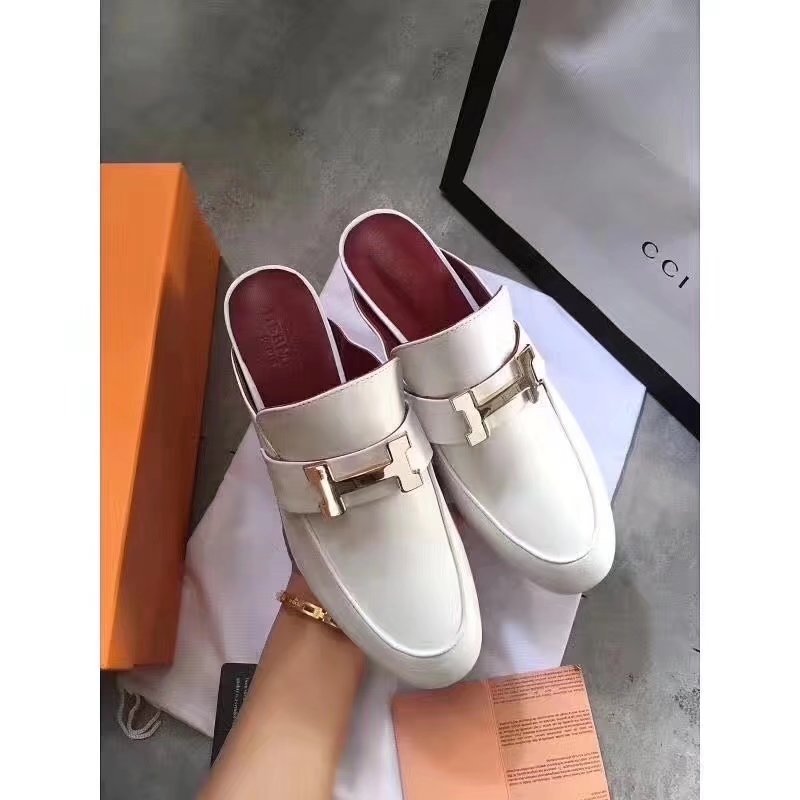 Hermes Leather Slipper HO782LD white