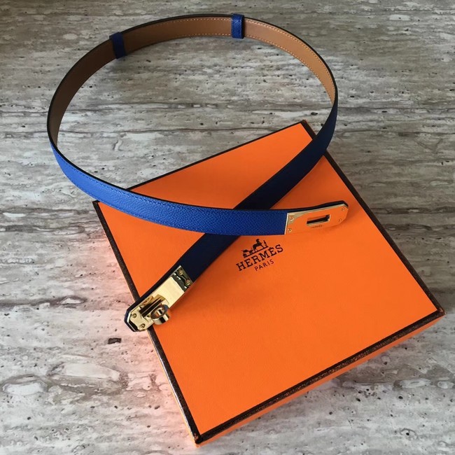 Hermes original epsom leather Kelly belt H069854 blue gold plated metal