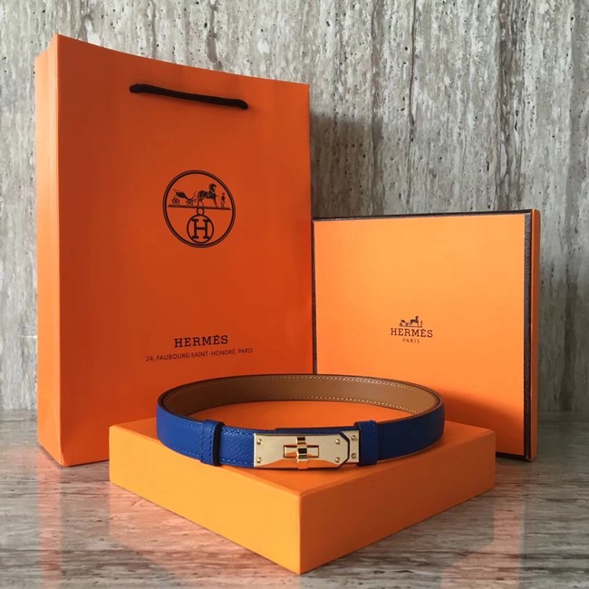 Hermes original epsom leather Kelly belt H069854 blue gold plated metal