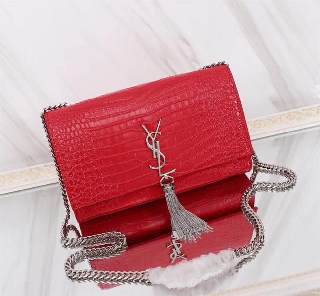 SAINT LAURENT Kate monogram medium crocodile-embossed leather shoulder bag 9288 red