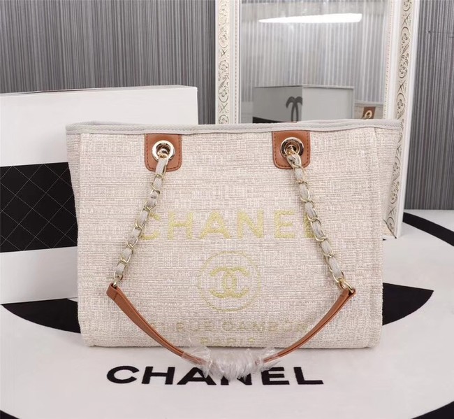 Chanel Canvas Shopping Bag Calfskin & Silver-Tone Metal A23556 creamy