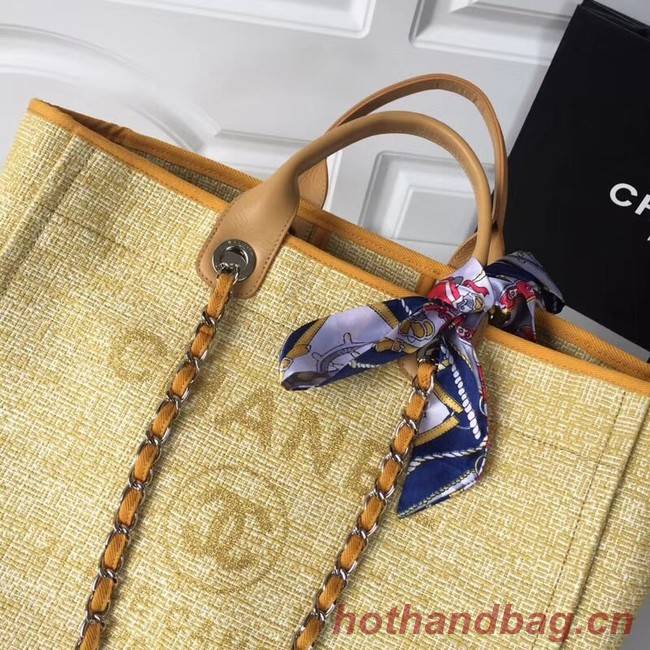 Chanel Original Tote Shopping Bag Canvas Calfskin & Silver-Tone Metal 92298 Yellow