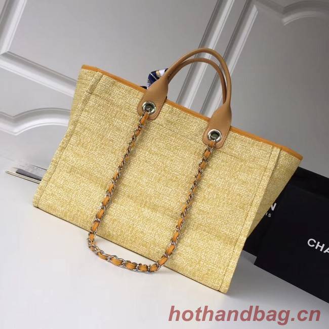 Chanel Original Tote Shopping Bag Canvas Calfskin & Silver-Tone Metal 92298 Yellow