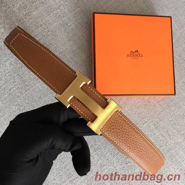 Hermes original togo 2 belt buckle & Reversible leather strap 32 mm H06454 brown  gold plated metal 