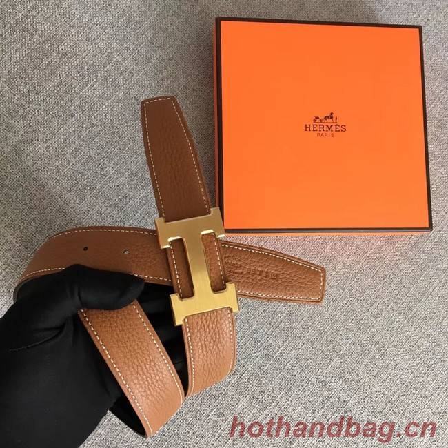 Hermes original togo 2 belt buckle & Reversible leather strap 32 mm H06454 brown  gold plated metal 