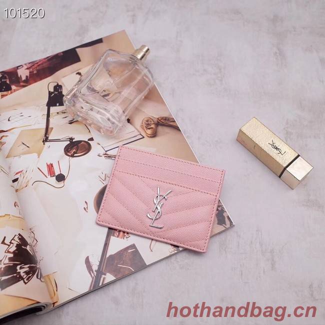 SAINT LAURENT Monogram leather card holder 88337 Rose Ballerine Silver-Tone Metal