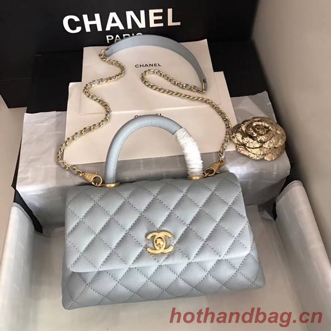 Chanel original Caviar leather flap bag top handle A92290 light blue&Gold-Tone Metal