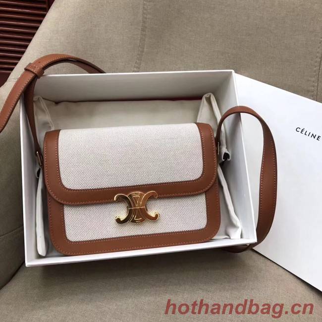 CELINE LARGE TRIOMPHE BAG IN TEXTILE AND NATURAL CALFSKIN 18887 TAN & WHITE