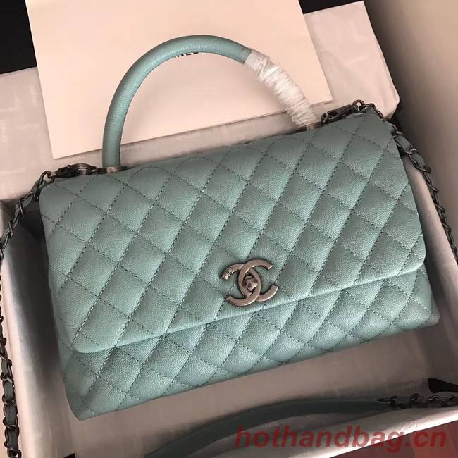 Chanel original Caviar leather flap bag top handle A92292 green &Silver-Tone Metal