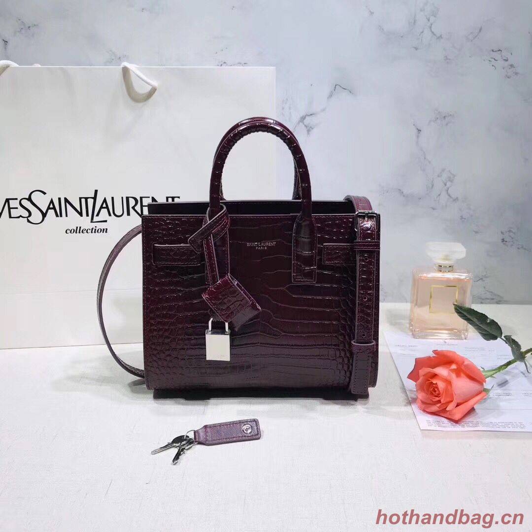 SAINT LAURENT Crocodile-Embossed Leather Organ Bag 392035 Wine