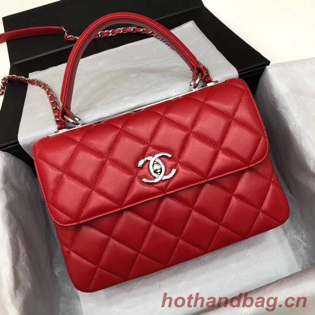 Chanel CC original lambskin top handle flap bag 92236 red&silver-Tone Metal