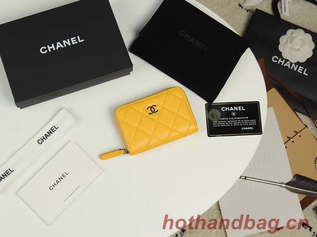 Chanel classic card holder Grained Calfskin & silver-Tone Metal A69271 yellow