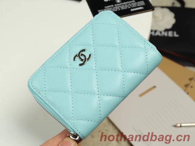 Chanel classic card holder Grained Calfskin & silver-Tone Metal A69271 sky Blue