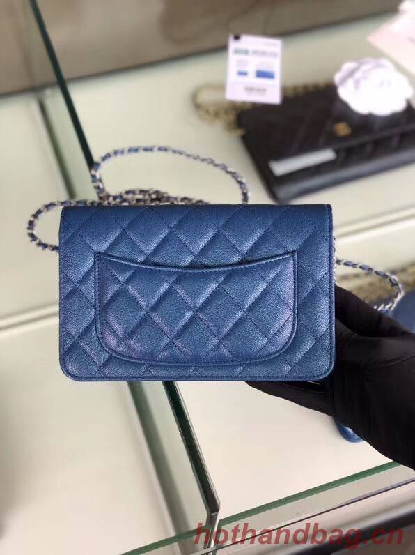 Chanel classic wallet on chain Grained Calfskin & Silver-Tone Metal 33814 Pearlescent blue