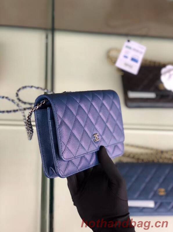 Chanel classic wallet on chain Grained Calfskin & Silver-Tone Metal 33814 Pearlescent blue