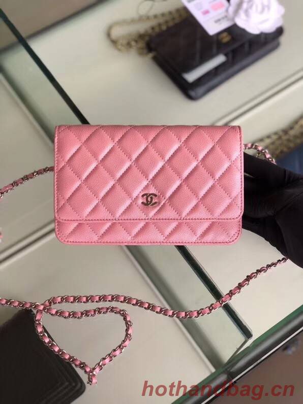 Chanel classic wallet on chain Grained Calfskin & Silver-Tone Metal 33814 Pearlescent Pink