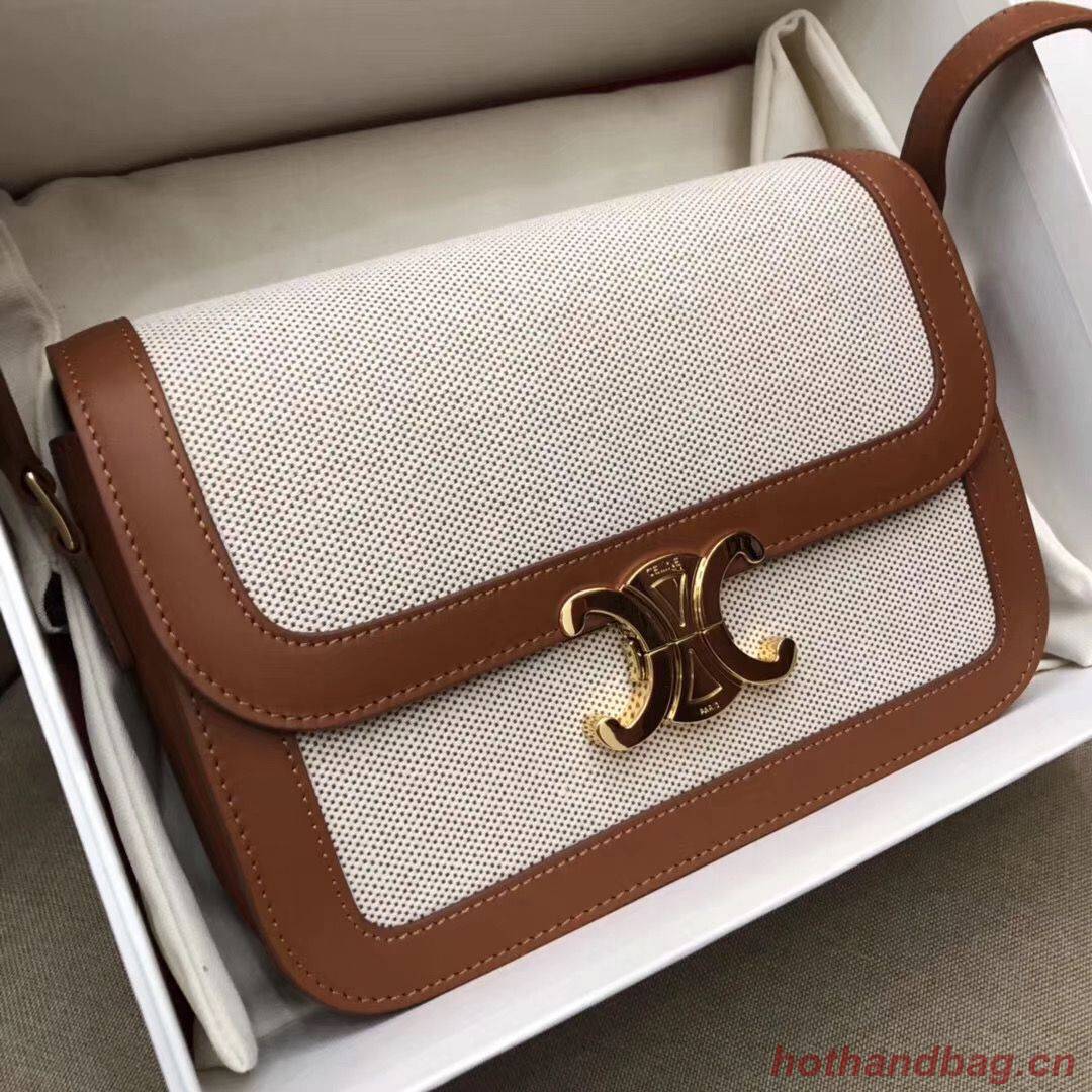 CELINE LARGE TRIOMPHE BAG IN TEXTILE AND NATURAL CALFSKIN 18887 Brown