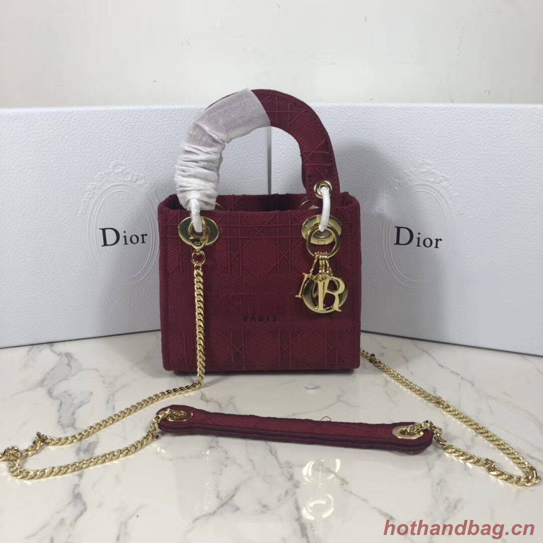 MINI LADY DIOR TOTE BAG IN EMBROIDERED CANVAS C4531 Bordeaux