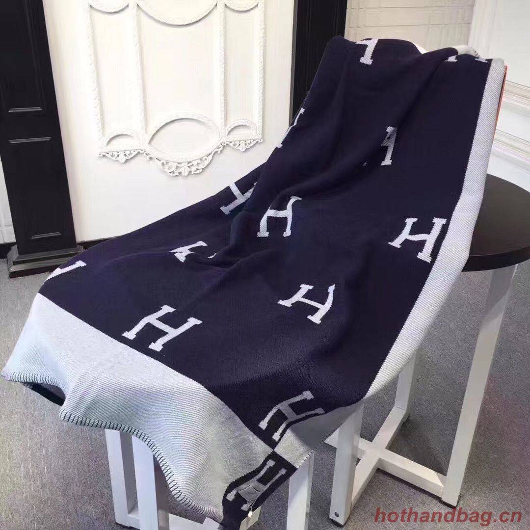 Hermes Lambswool & Cashmere Shawl & Blanket 71155 Navy