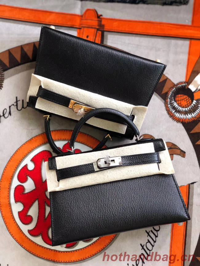 Hermes original mini Kelly chevre mysore K19CM black&silver Metal