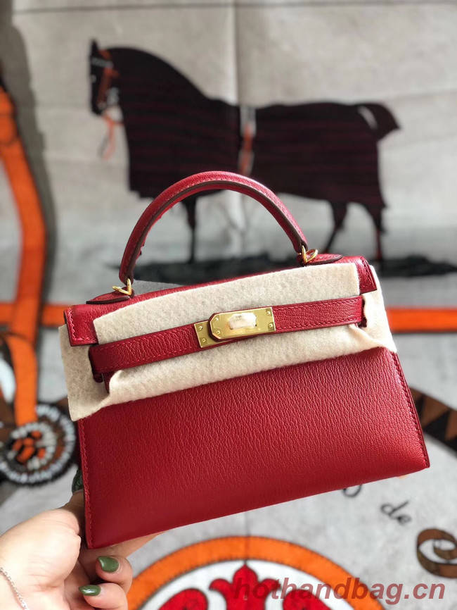 Hermes original mini Kelly chevre mysore K19CM red&Gold Metal