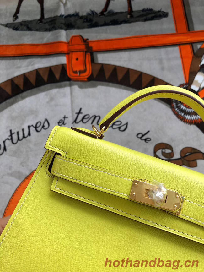 Hermes original mini Kelly chevre mysore K19CM yellow&Gold Metal