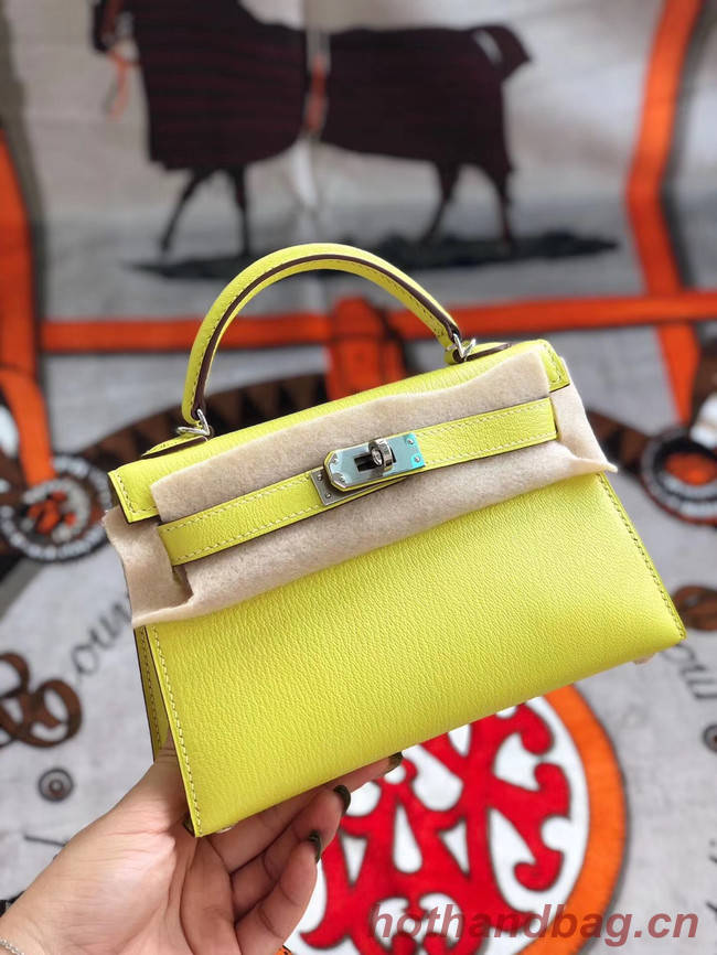 Hermes original mini Kelly chevre mysore K19CM yellow&silver Metal