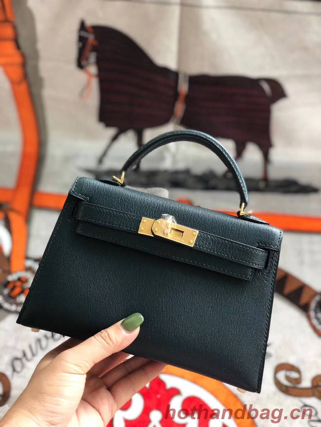 Hermes original mini Kelly chevre mysore K19CM Blackish green&Gold Metal