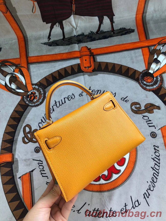 Hermes original mini Kelly chevre mysore K19CM Mango yellow&Gold Metal