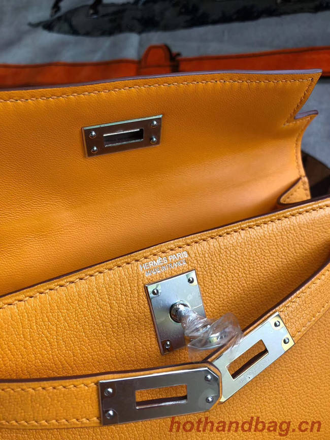 Hermes original mini Kelly chevre mysore K19CM Mango yellow&silver Metal