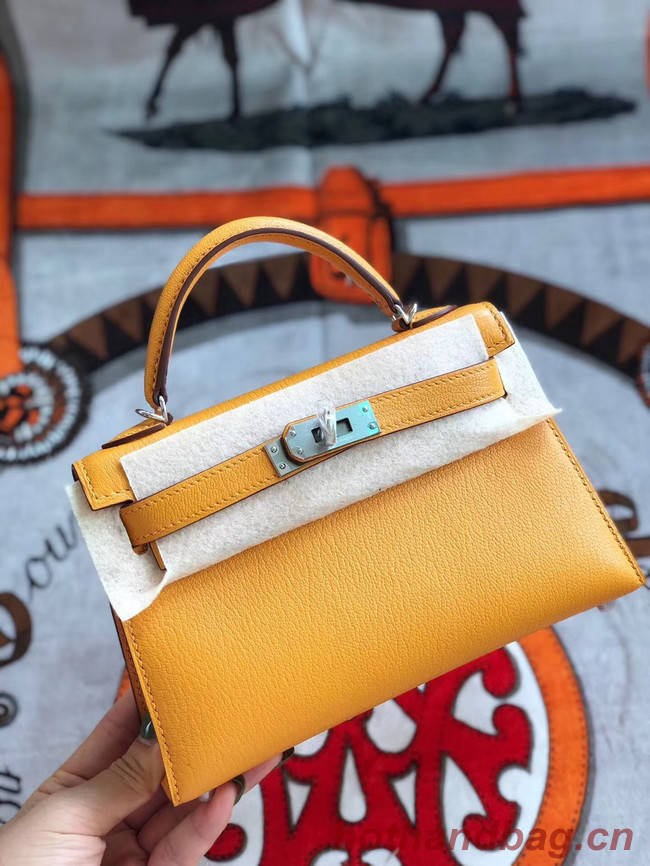 Hermes original mini Kelly chevre mysore K19CM Mango yellow&silver Metal