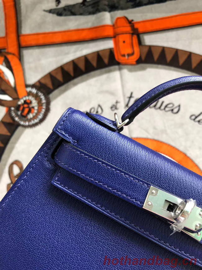 Hermes original mini Kelly chevre mysore K19CM blue&silver Metal