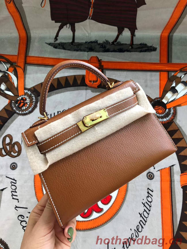 Hermes original mini Kelly chevre mysore K19CM brown&Gold Metal