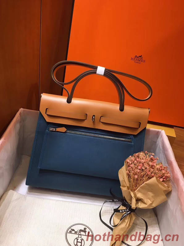 Hermes Herbag 31CM Original Canvas Leather & Calfskin 45987 Blue&Apricot