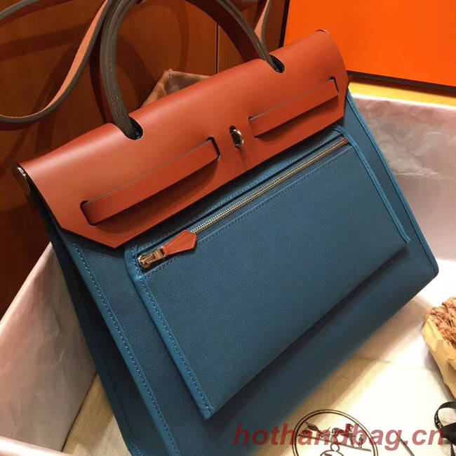 Hermes Herbag 31CM Original Canvas Leather & Calfskin 45987 Blue&Brown