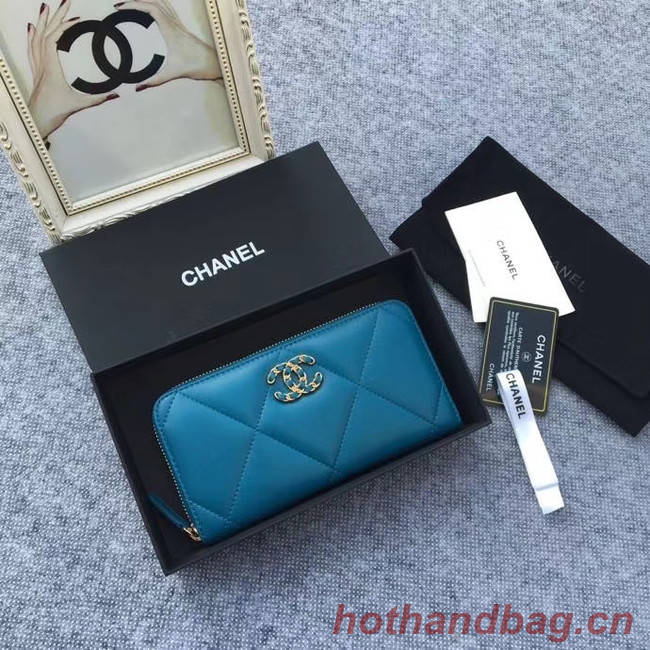 CHANEL 19 sheepskin & Gold-Tone Metal Wallet AP1063 blue