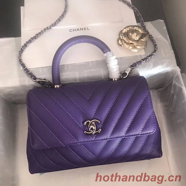 Chanel Small Flap Bag with Top Handle V92990 dark purple & silver-Tone Metal