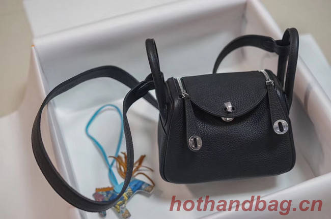 Hermes mini Lindy Togo Leather Bag LD19 black&Silver-Tone Metal