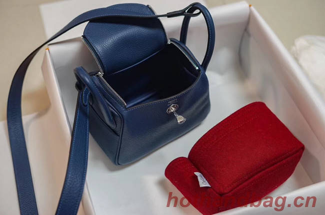 Hermes mini Lindy Togo Leather Bag LD19 blue&Silver-Tone Metal