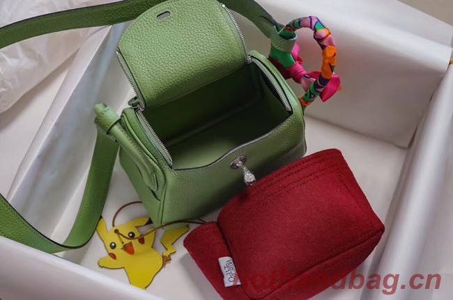 Hermes mini Lindy Togo Leather Bag LD19 green&Silver-Tone Metal