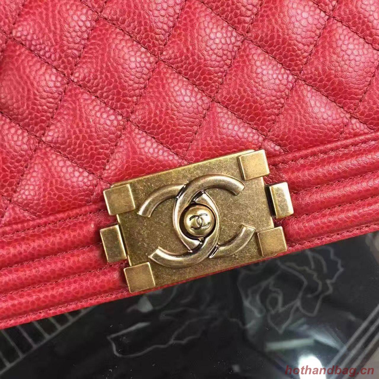 Chanel Le Boy Flap Shoulder Bag Original Cavier Leather A67085 Red Gold Buckle