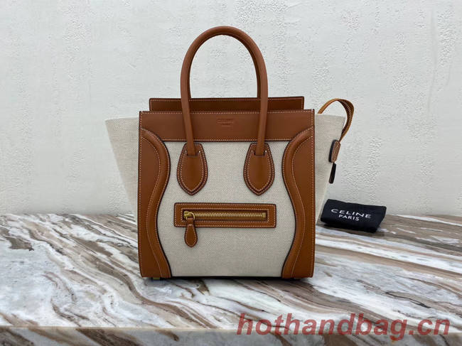 CELINE MICRO LUGGAGE HANDBAG IN TEXTILE AND CALFSKIN 167793 TAN&WHITE