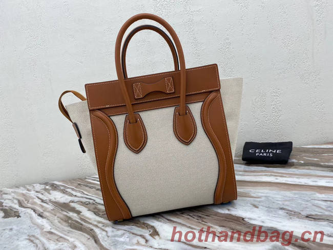 CELINE MICRO LUGGAGE HANDBAG IN TEXTILE AND CALFSKIN 167793 TAN&WHITE