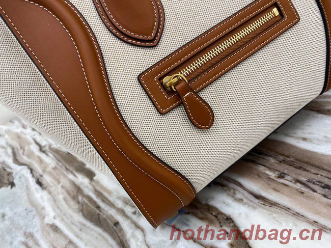 CELINE MICRO LUGGAGE HANDBAG IN TEXTILE AND CALFSKIN 167793 TAN&WHITE