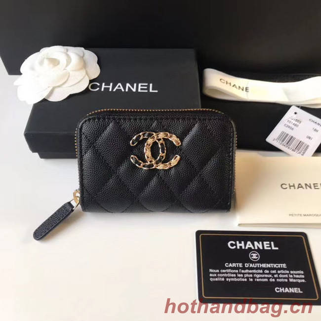 CHANEL 19 Grained Calfskin & Gold-Tone Metal Wallet AP1842 black