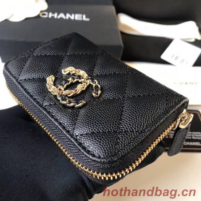 CHANEL 19 Grained Calfskin & Gold-Tone Metal Wallet AP1842 black