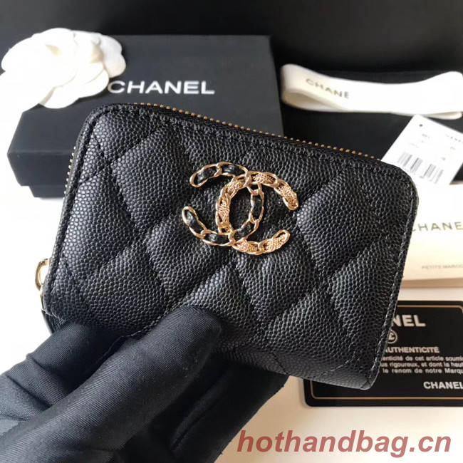 CHANEL 19 Grained Calfskin & Gold-Tone Metal Wallet AP1842 black