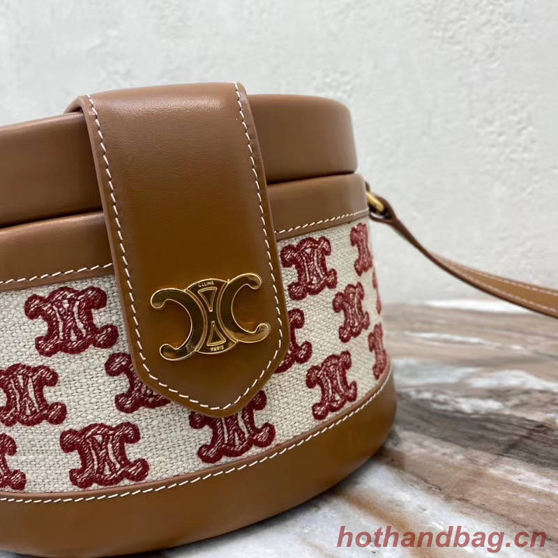 CELINE MEDIUM TAMBOUR BAG IN TEXTILE WITH TRIOMPHE EMBROIDERY 195192 brown&red