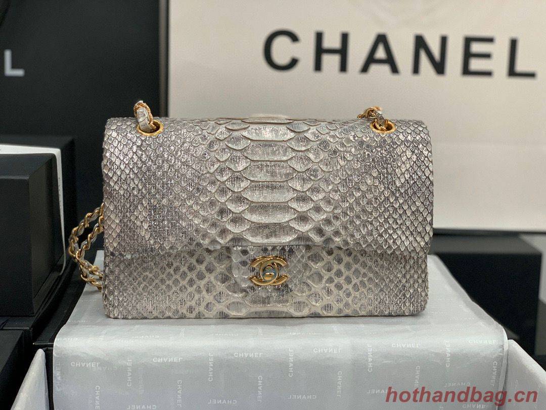 Chanel Classic Handbag Python Leather Silver A01112 Gold Hardware