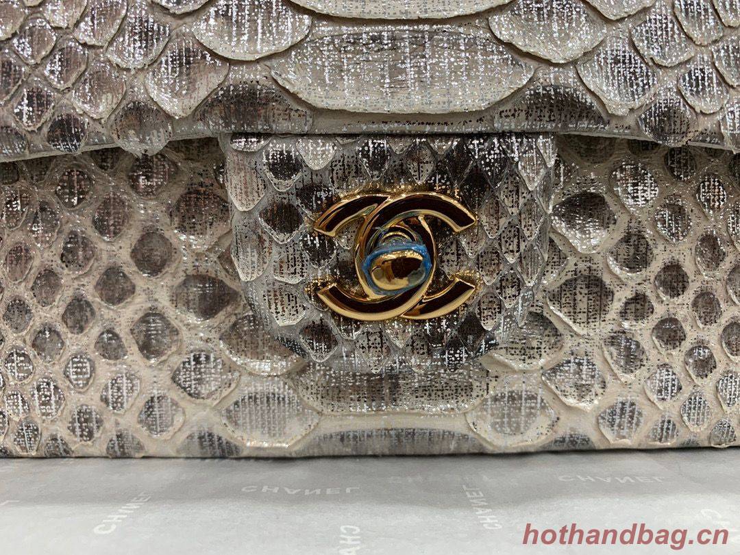 Chanel Classic Handbag Python Leather Silver A01112 Gold Hardware